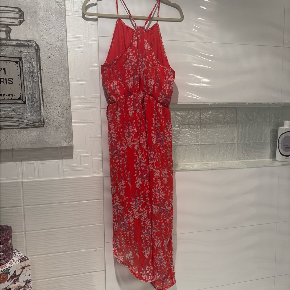 EcoWish Sundress Midi Boho Halter Sleeveless Asymmetrical Red Floral Cocktail - Picture 6 of 8